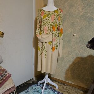 Gudrun Sjoden Beige Dress with Green, Orange & Pink Leaf Print,